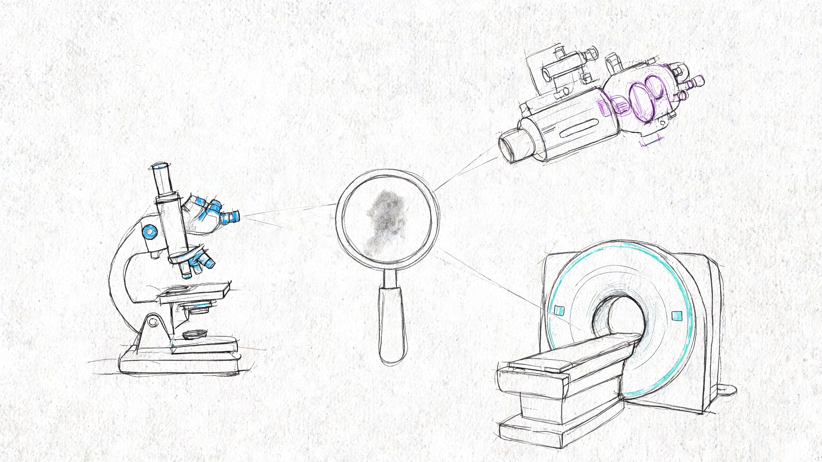 A conceptual sketch showing a microscope, magnifying glass, and medical scanner representing unknown cause of death investigation.