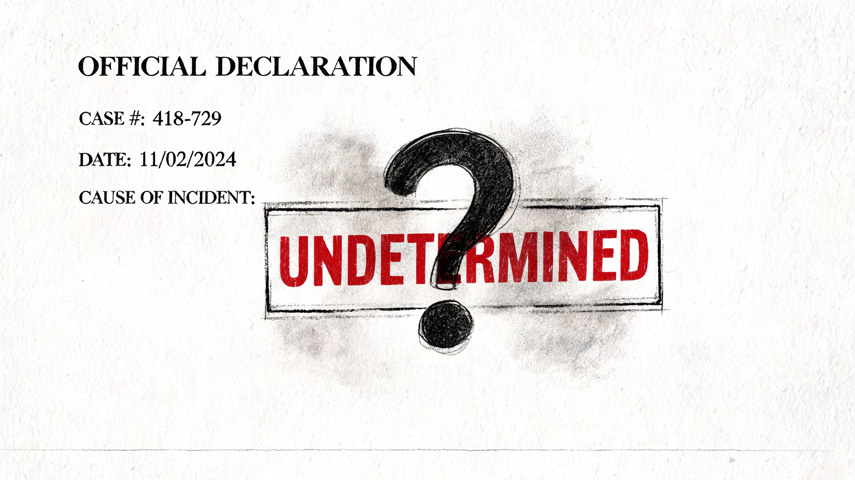 A digital document labeled Official Declaration stating a case number and an undetermined cause of incident.