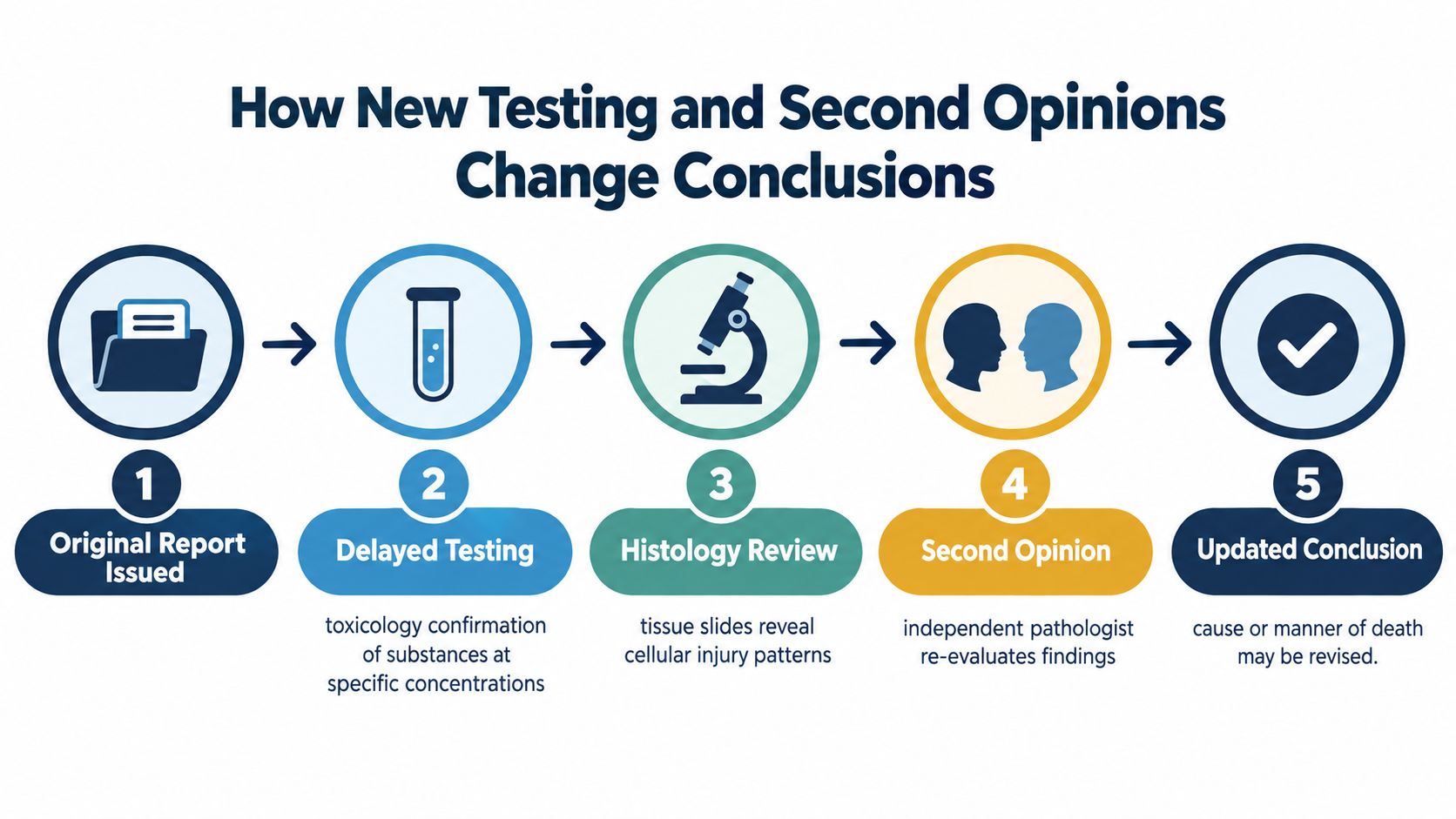 A five-step infographic showing how new toxicology, histology, and second opinions can update an autopsy report.