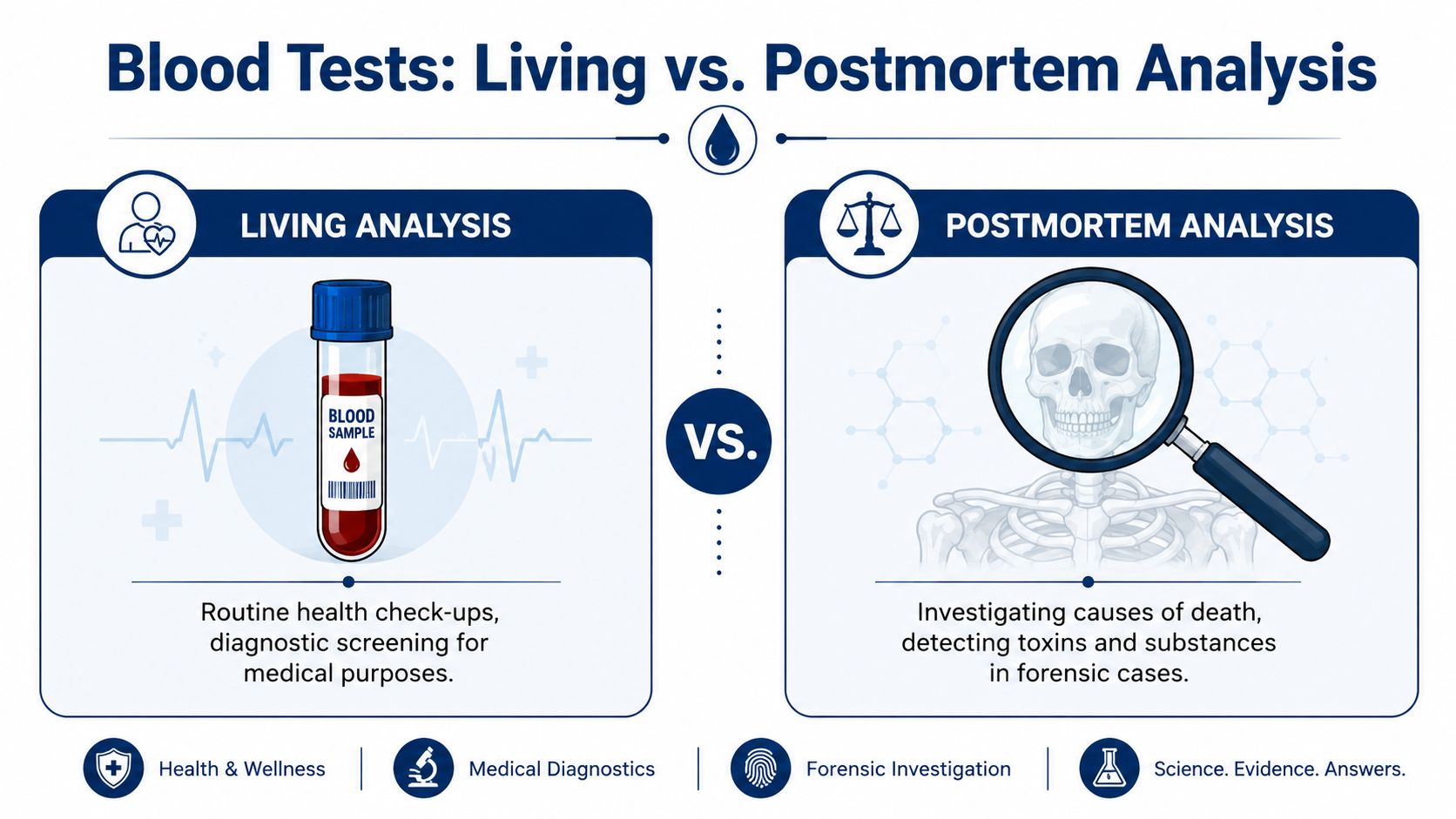 An infographic comparing blood tests for living patients and postmortem forensic analysis for determining causes of death.