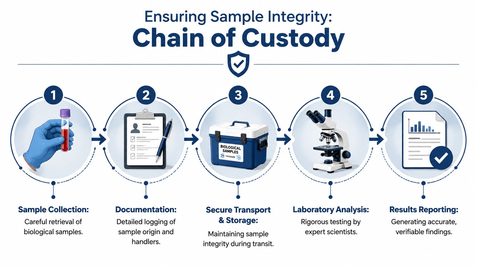 A diagram illustrating the five-step chain of custody process for ensuring biological sample integrity during testing.