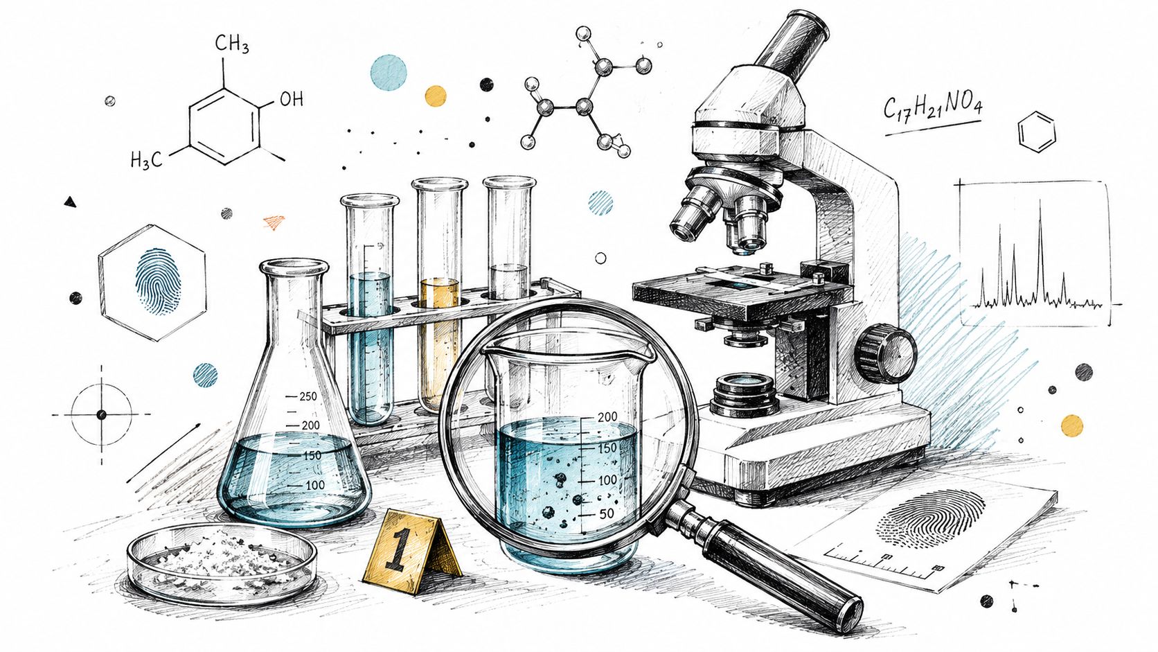 A detailed scientific illustration featuring a microscope, chemical glassware, test tubes, and fingerprint analysis for forensic investigation.