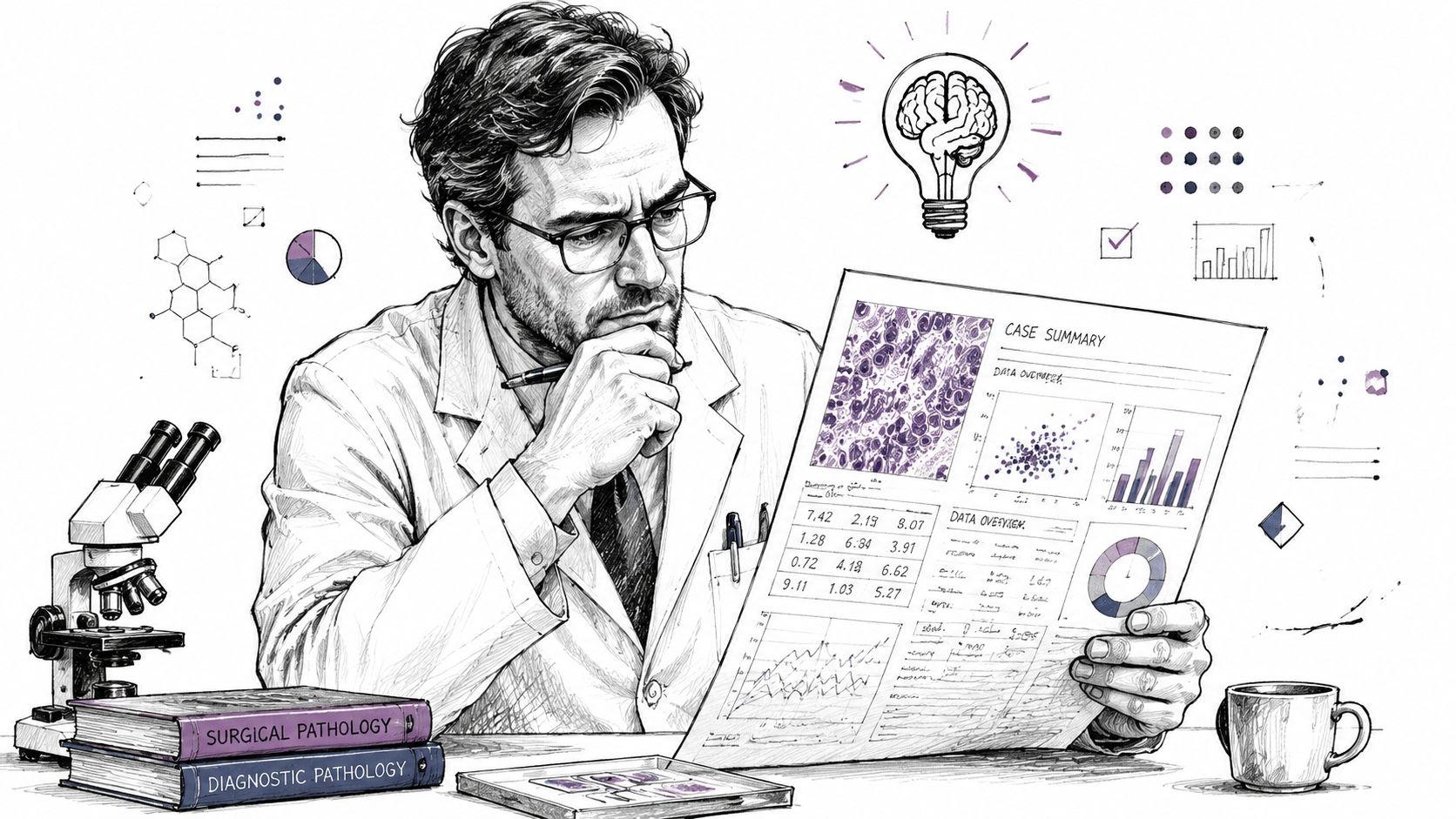 A male pathologist in a lab coat reviews medical documents and case data with a microscope nearby.