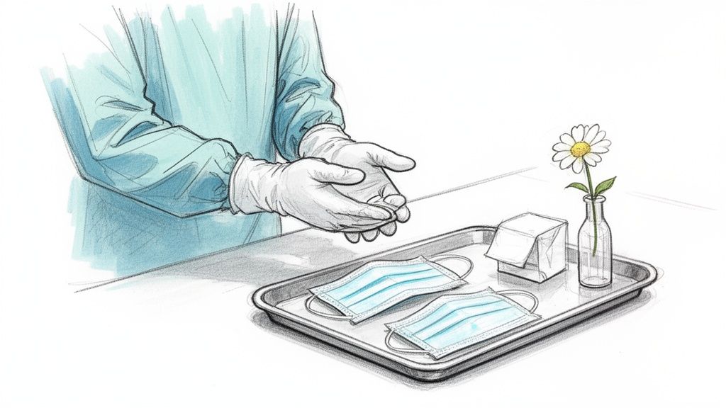 Hands in medical gloves over a tray with two face masks, a box, and a daisy in a vase.