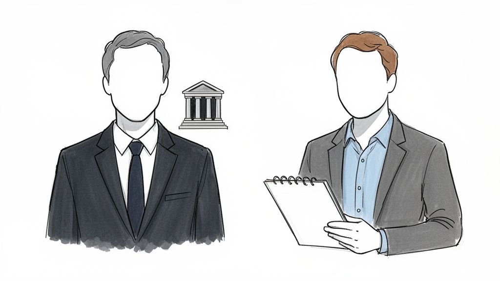 Illustration of two professional men, one in a suit next to a building icon, the other holding a notepad.