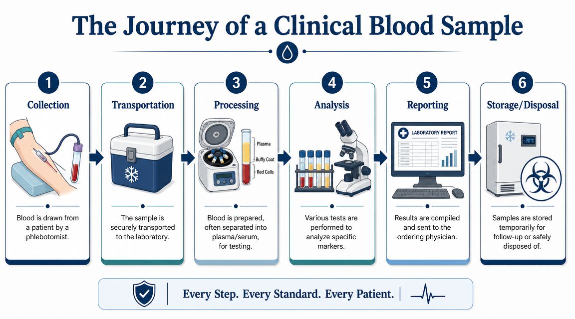A six-step infographic showing the clinical blood sample journey from collection to storage and disposal.