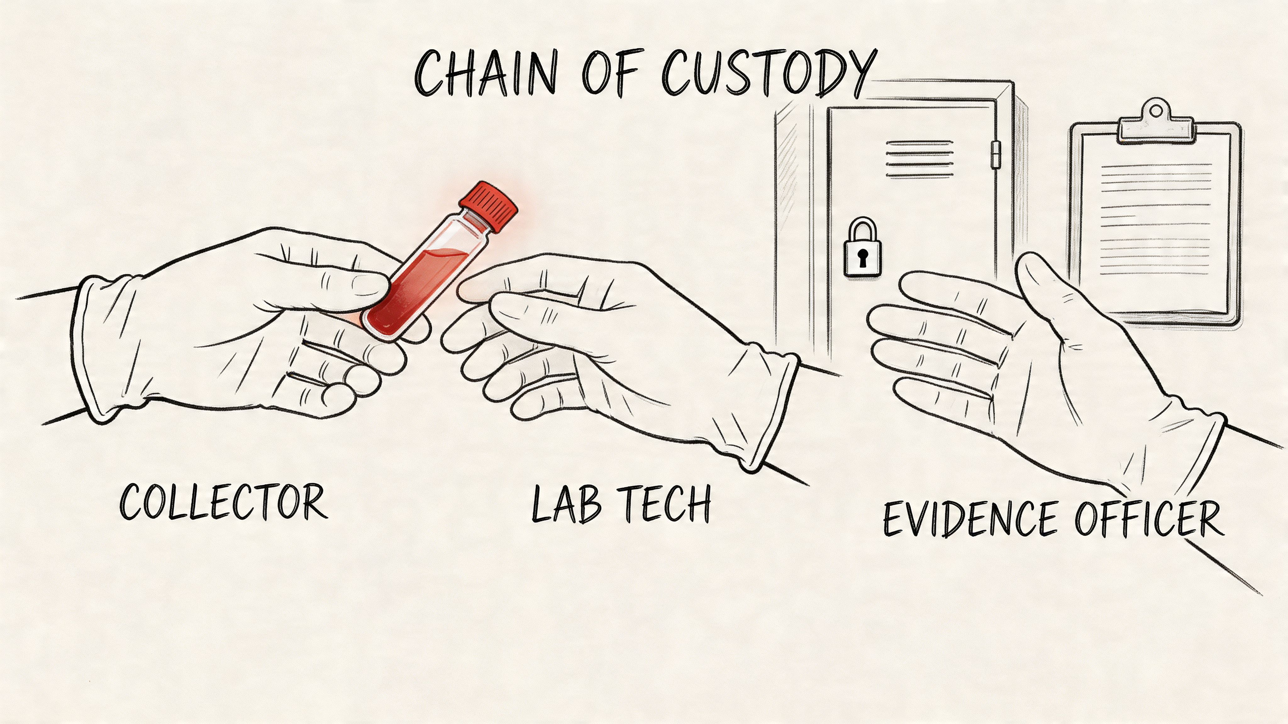 A line drawing illustration showing a chain of custody process for a medical blood sample vial.