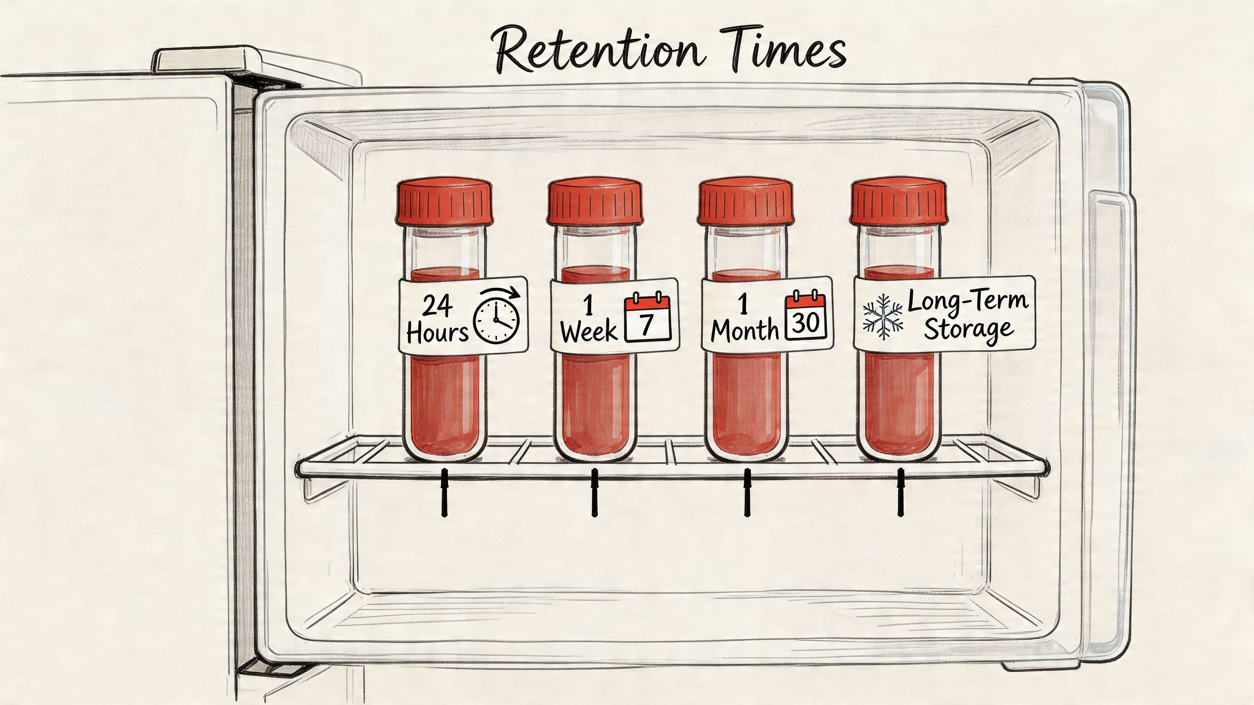 A digital illustration showing four blood collection tubes in a refrigerator labeled for different retention periods.