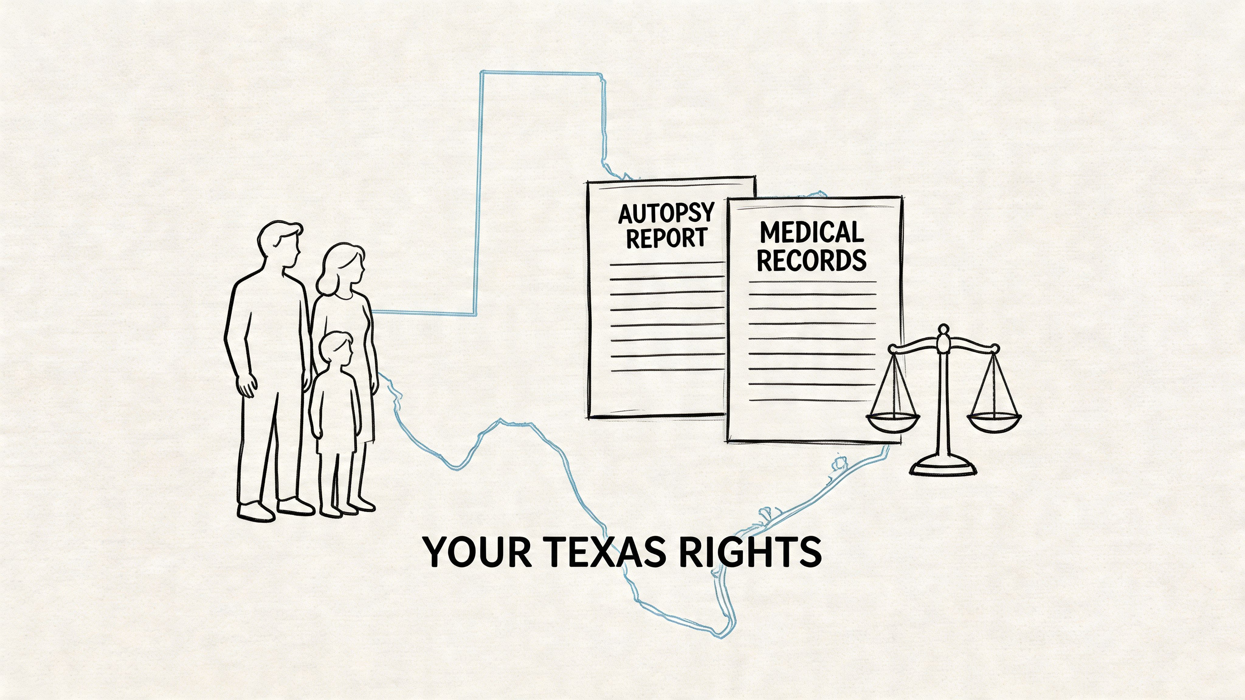 A line drawing illustration featuring a family, legal scales, medical records, and an autopsy report, set over Texas.