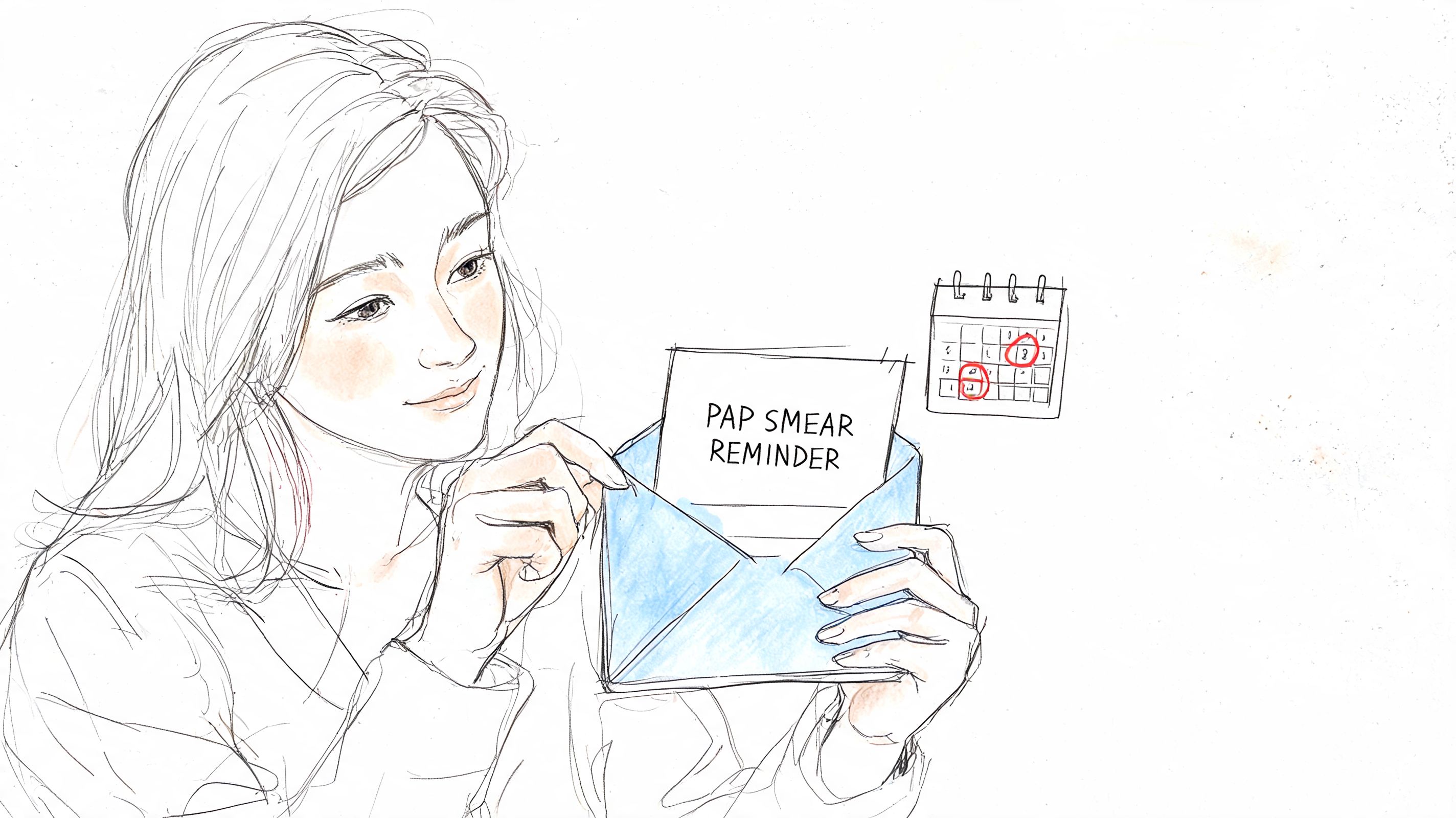 A woman happily opening an envelope containing a pap smear reminder with a calendar highlighted in background.