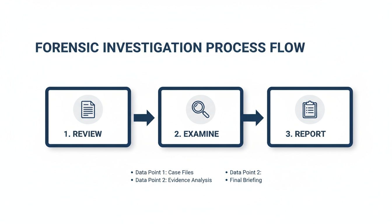 A forensic investigation process flow diagram showing three main steps: review, examine, and report.