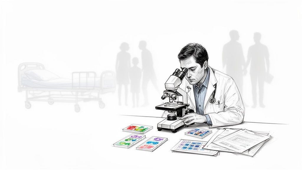 A doctor examines samples under a microscope, with patient files, lab trays, and faded silhouettes in the background.