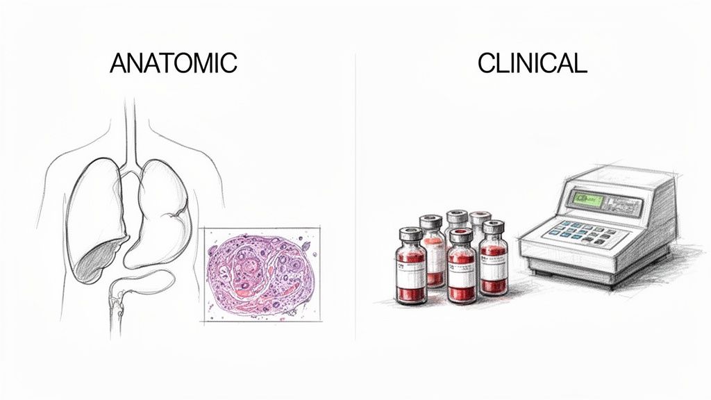 Anatomic diagram of human organs and microscopic tissue, contrasting with clinical blood vials and a lab machine.