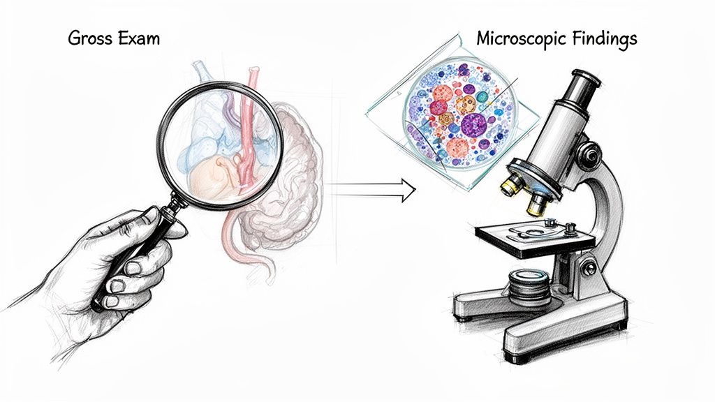 A conceptual medical illustration depicting a hand using a magnifying glass on an organ followed by microscopic analysis.
