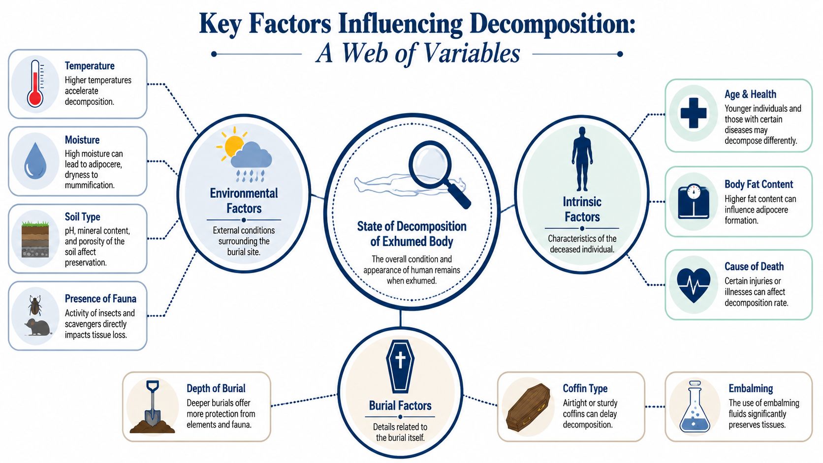 An infographic illustrating key factors affecting the state of decomposition of an exhumed human body.