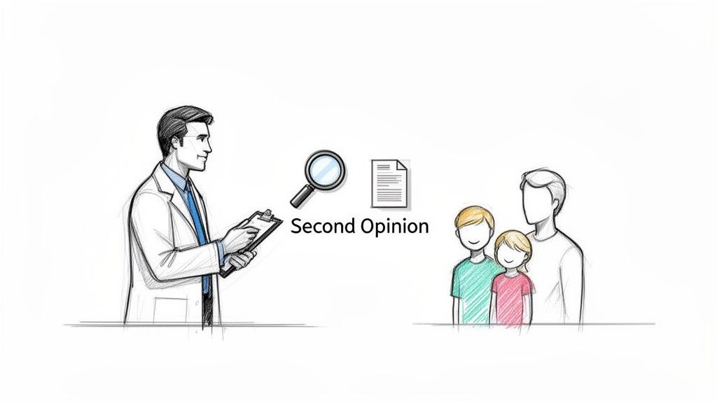 A doctor provides a second opinion to a family, illustrated with a magnifying glass and document icons.