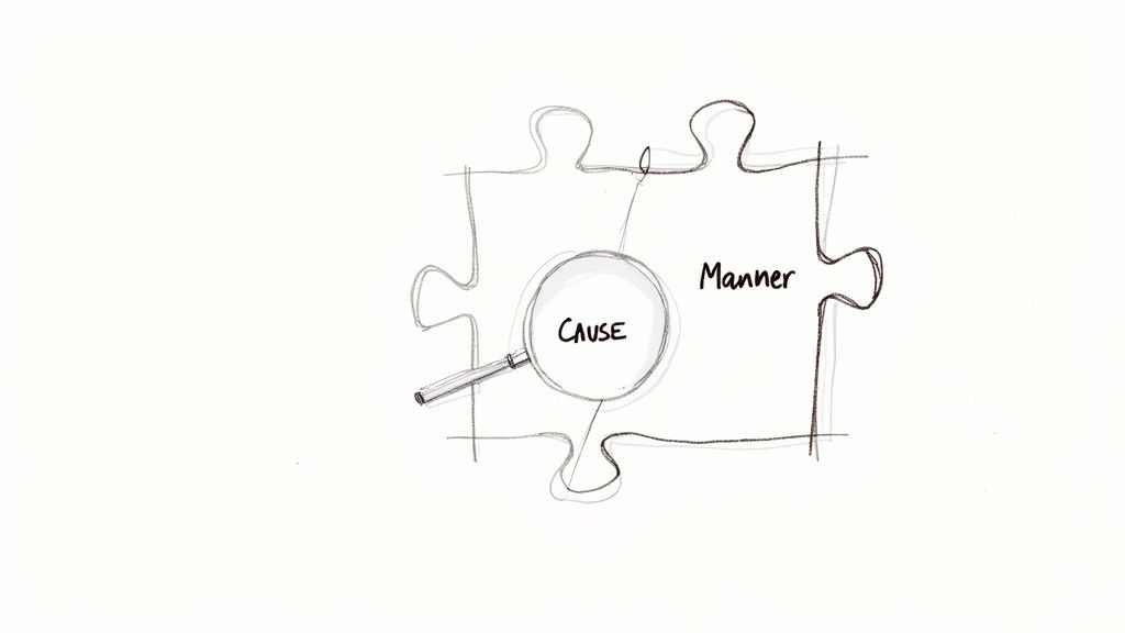 A hand-drawn puzzle piece illustrating the words 'CAUSE' under a magnifying glass and 'Manner'.
