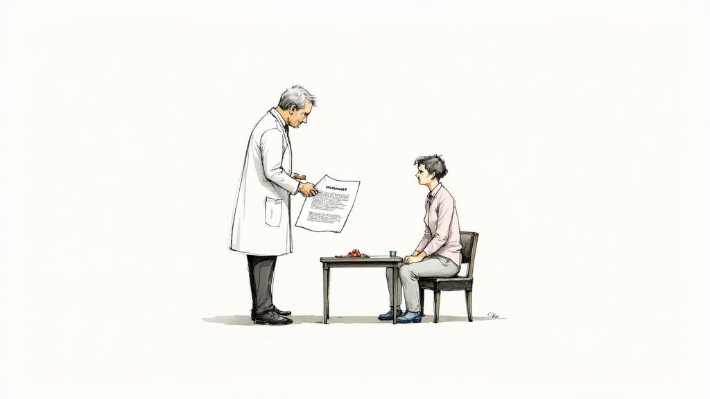 An illustration depicts a doctor in a lab coat presenting a document to a seated patient.