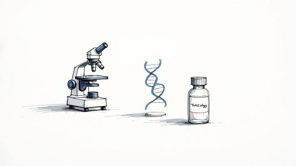 A scientific sketch shows a microscope, a DNA double helix, and a toxicology bottle.