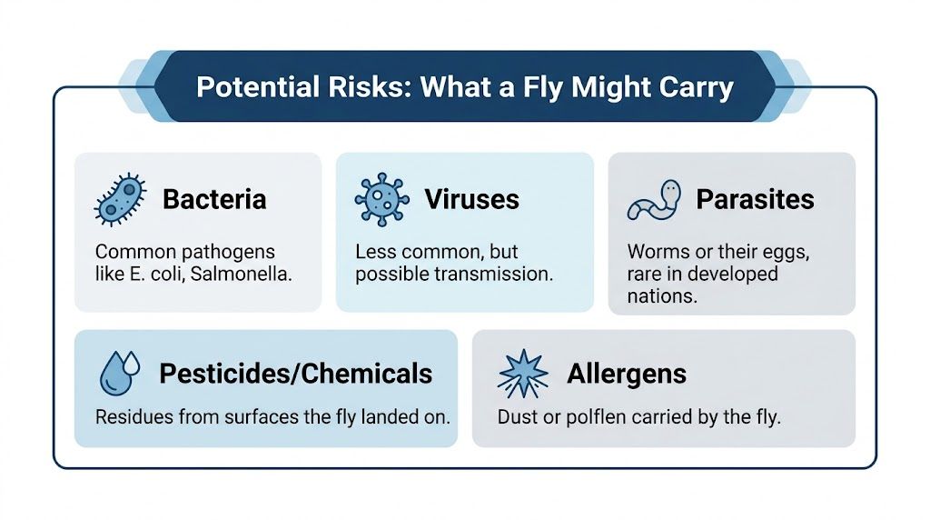 An infographic titled Potential Risks: What a Fly Might Carry, detailing bacteria, viruses, parasites, pesticides, and allergens.
