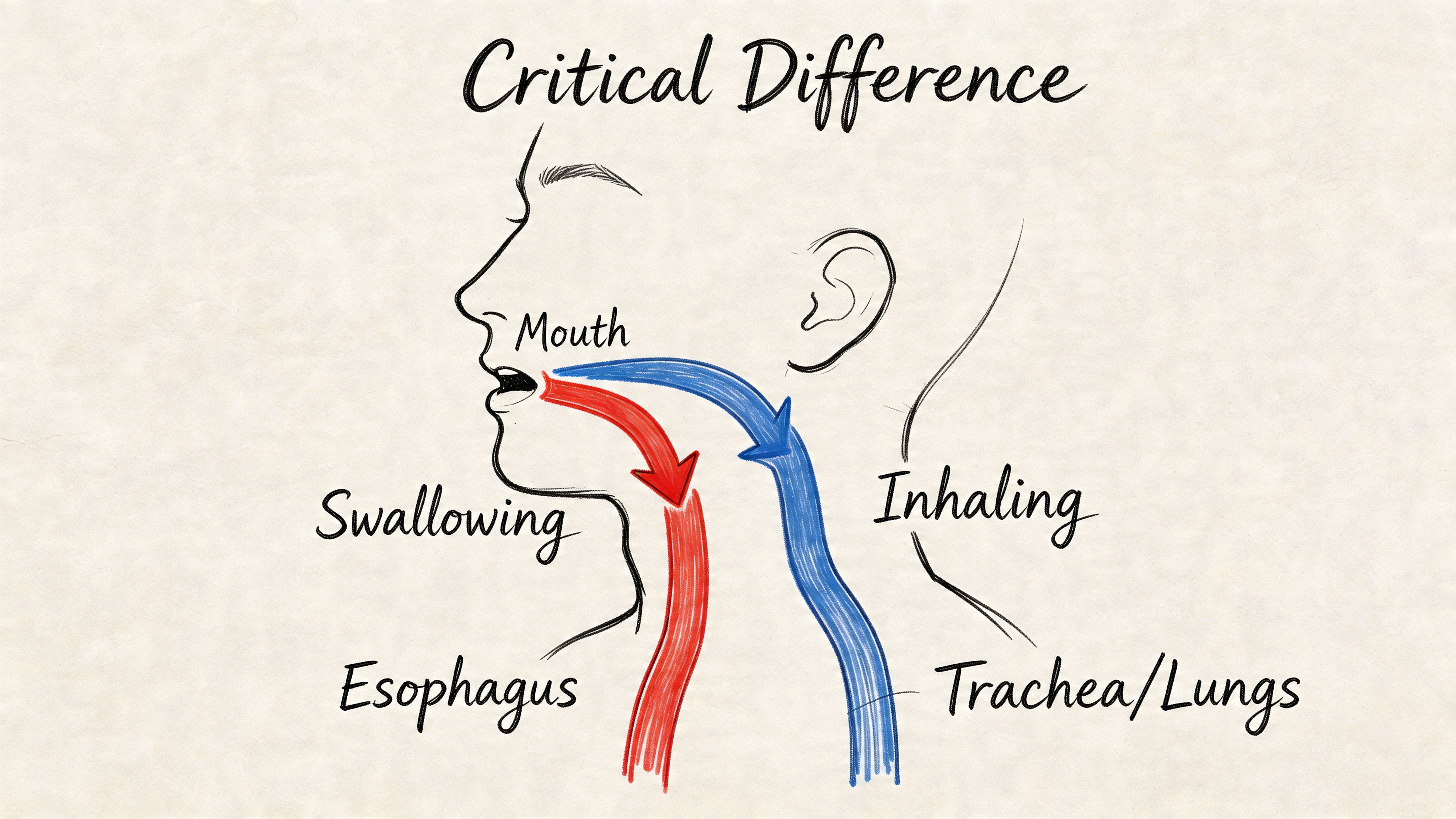 A diagram illustrating the difference in pathways between swallowing food and inhaling air into the lungs.