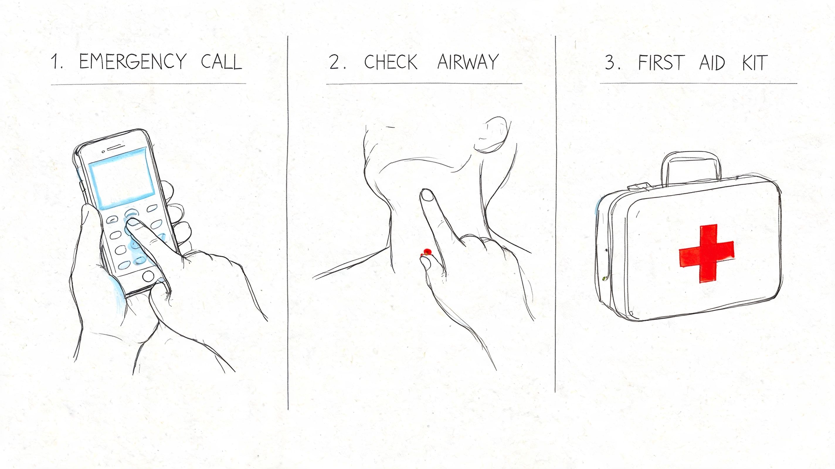A three-step guide illustrated with hand-drawn sketches showing how to respond to an emergency situation.