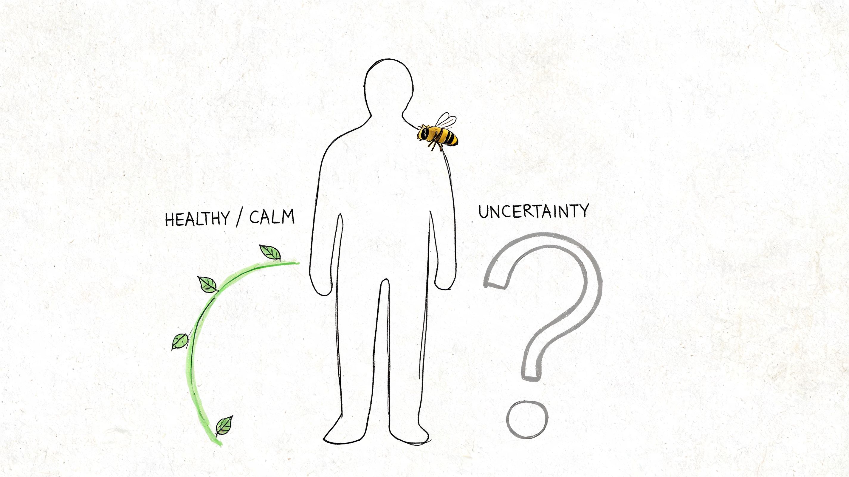 A simple sketch showing a person with a bee on their shoulder, symbolizing health and uncertainty.