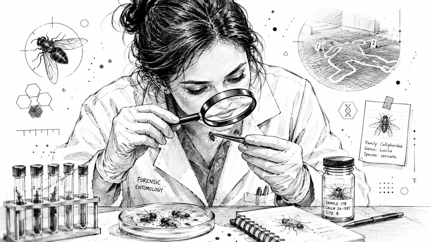 A forensic entomologist wearing a lab coat examines an insect through a magnifying glass at a table.