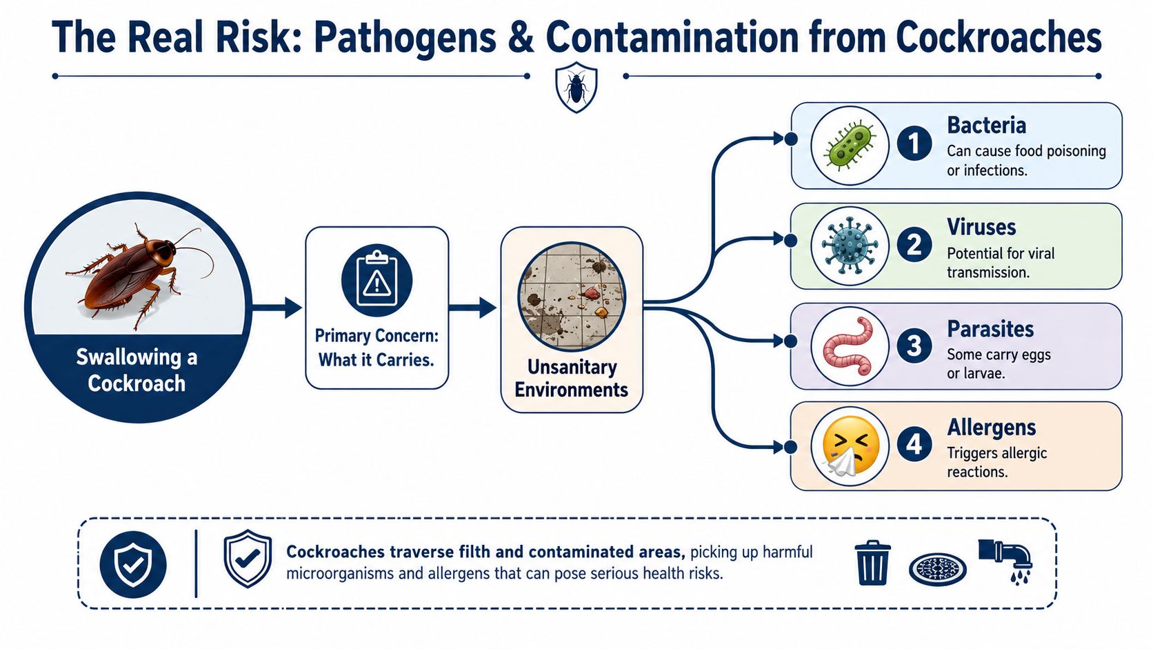 An infographic detailing the health risks of swallowing a cockroach, including bacteria, viruses, parasites, and allergens.