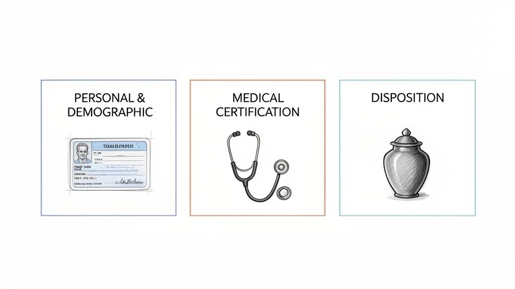 Three categories of information: personal and demographic with an ID, medical certification with a stethoscope, and disposition with an urn.