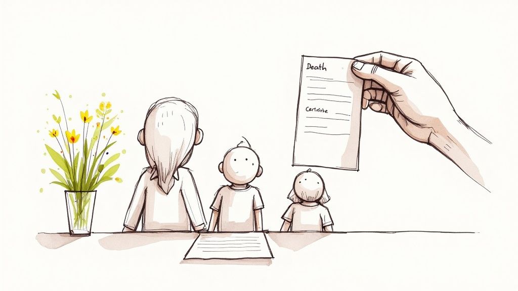 A person signing an official document, representing the importance of a death certificate.