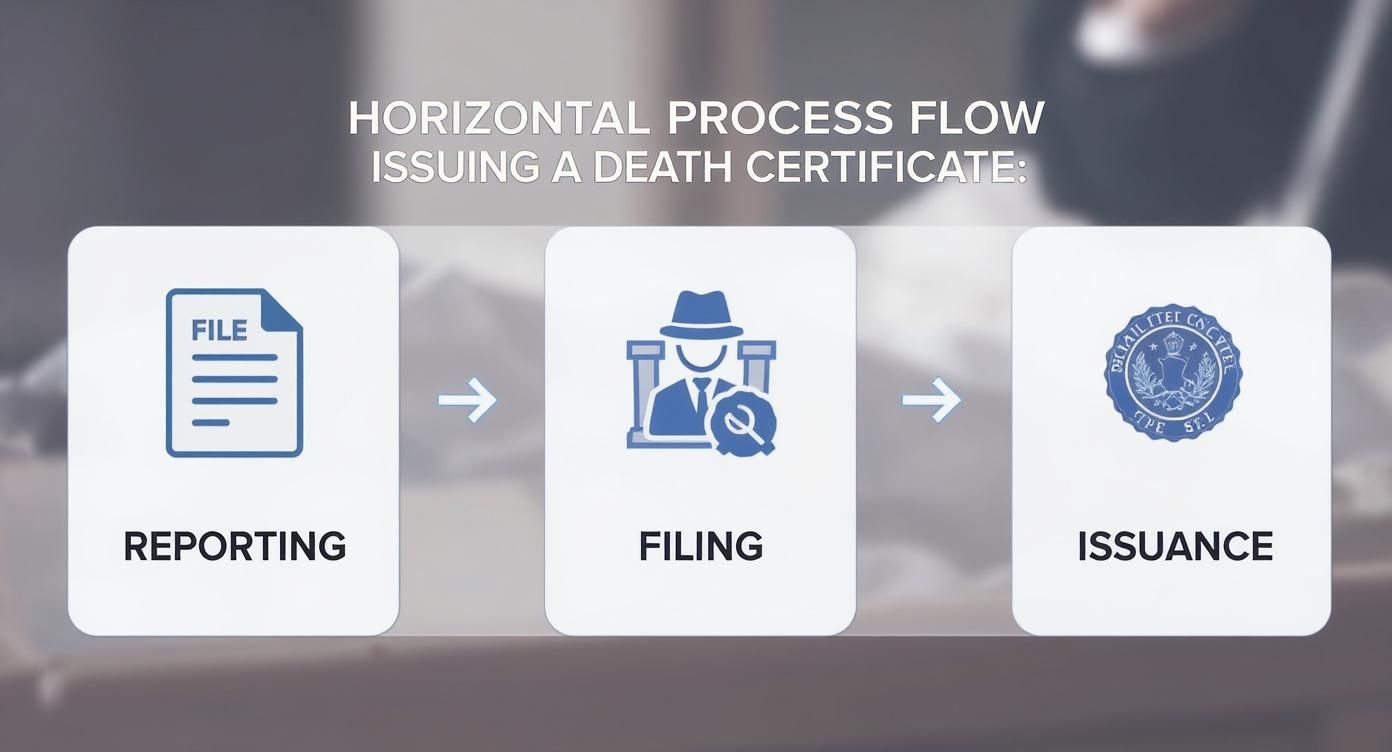 Infographic showing the three-step process of issuing a death certificate: Reporting, Filing, and Issuance.