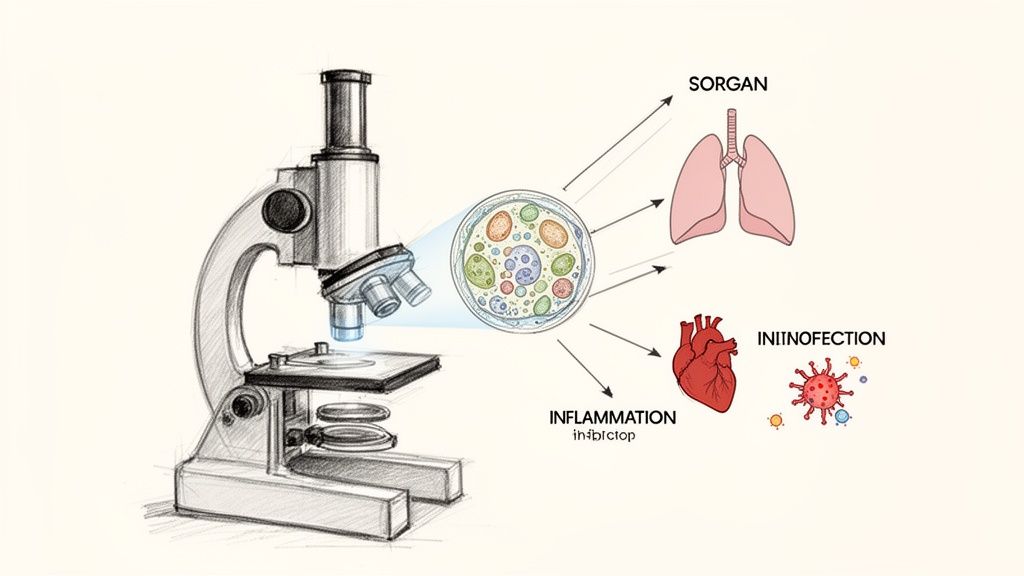 A scientific illustration shows a microscope observing a petri dish with cells, leading to organs, infection, and inflammation.