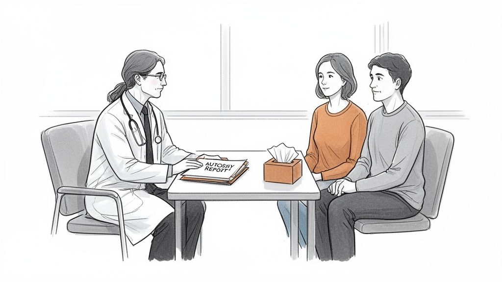 A doctor with glasses discusses a sensitive report with a serious couple, with a tissue box on the table.