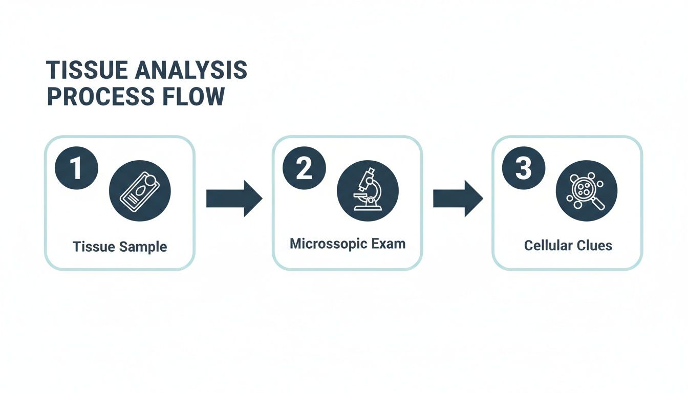 A flowchart illustrating the tissue analysis process, from sample collection to microscopic examination and cellular clue identification.