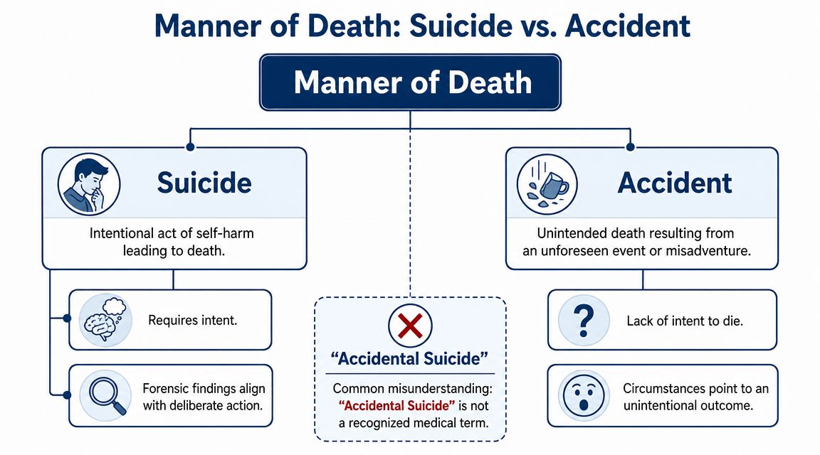 A flowchart explaining the difference between suicide and accident, highlighting that accidental suicide is not recognized.