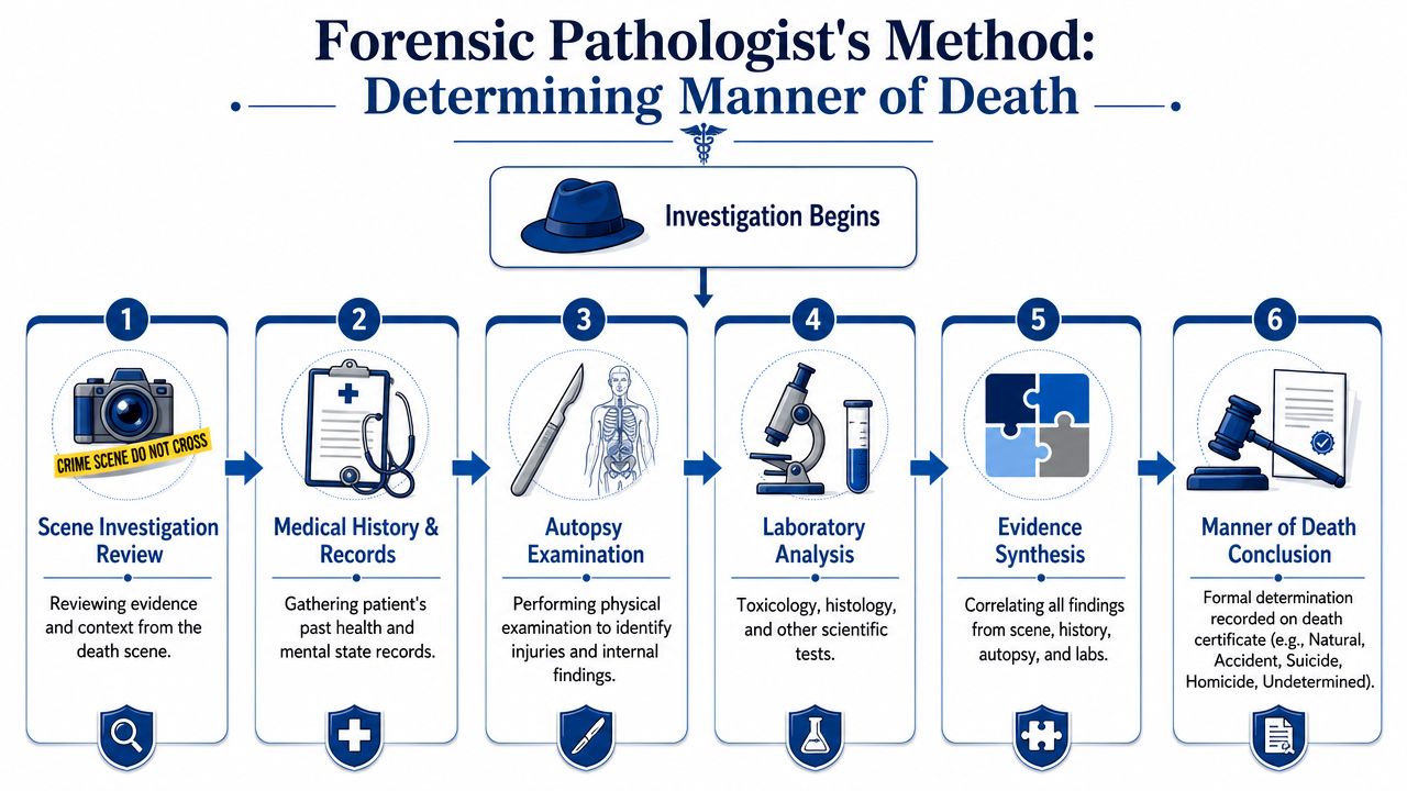 A flow chart titled Forensic Pathologist's Method illustrating the six steps to determine manner of death.