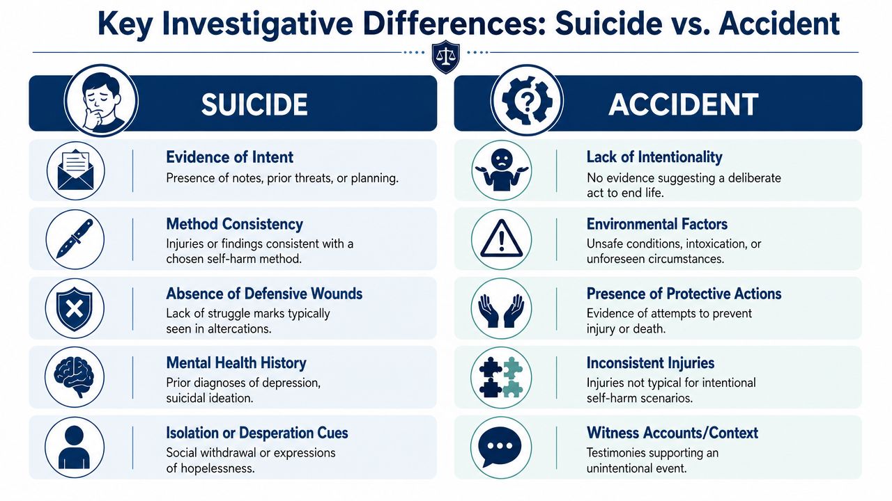 An infographic comparing key investigative differences between suicide and accidental death using icon-based categories.