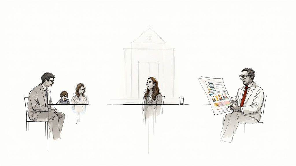 Sketch showing a family, a woman, and a doctor examining documents, possibly related to an autopsy report.
