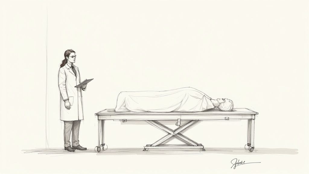 A detailed sketch shows a medical professional with a clipboard next to a covered body on a gurney.