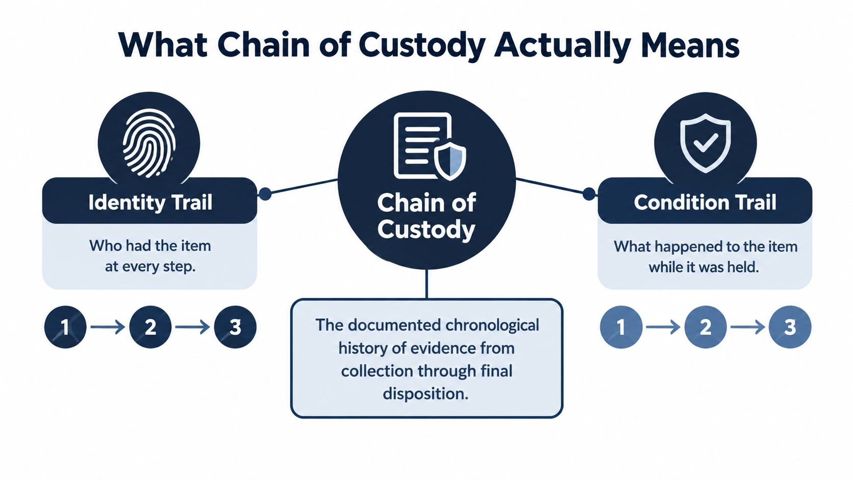 An infographic defining Chain of Custody as the chronological history of evidence from collection to final disposition.