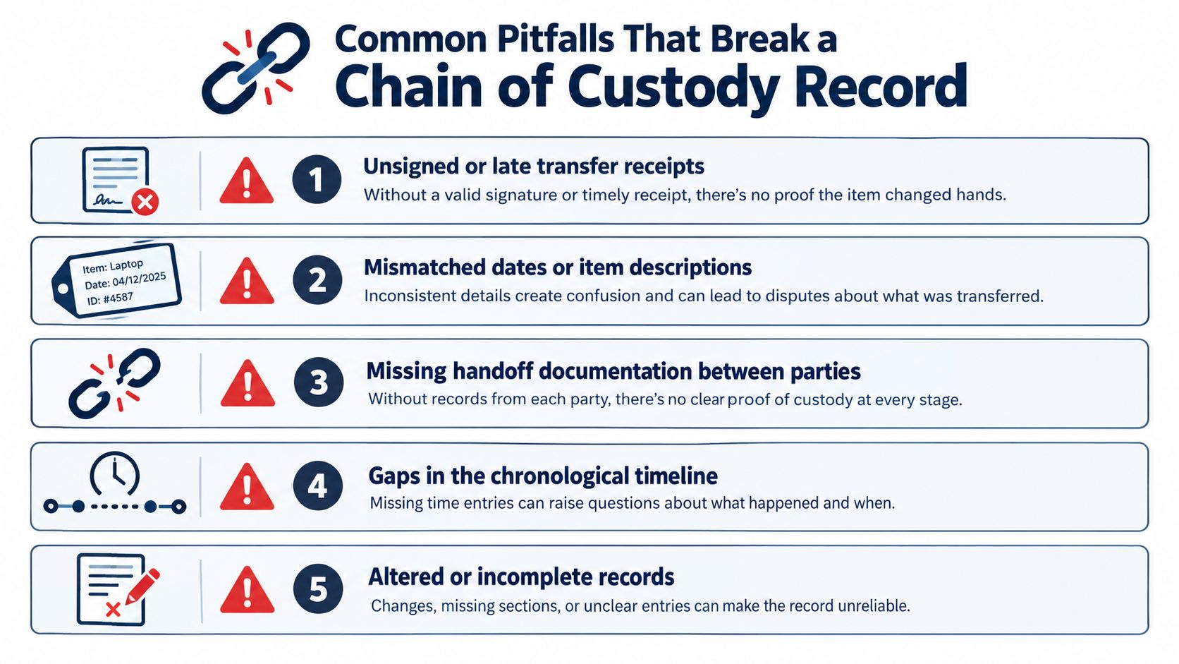 An infographic titled Common Pitfalls That Break a Chain of Custody Record, detailing five specific documentation errors.