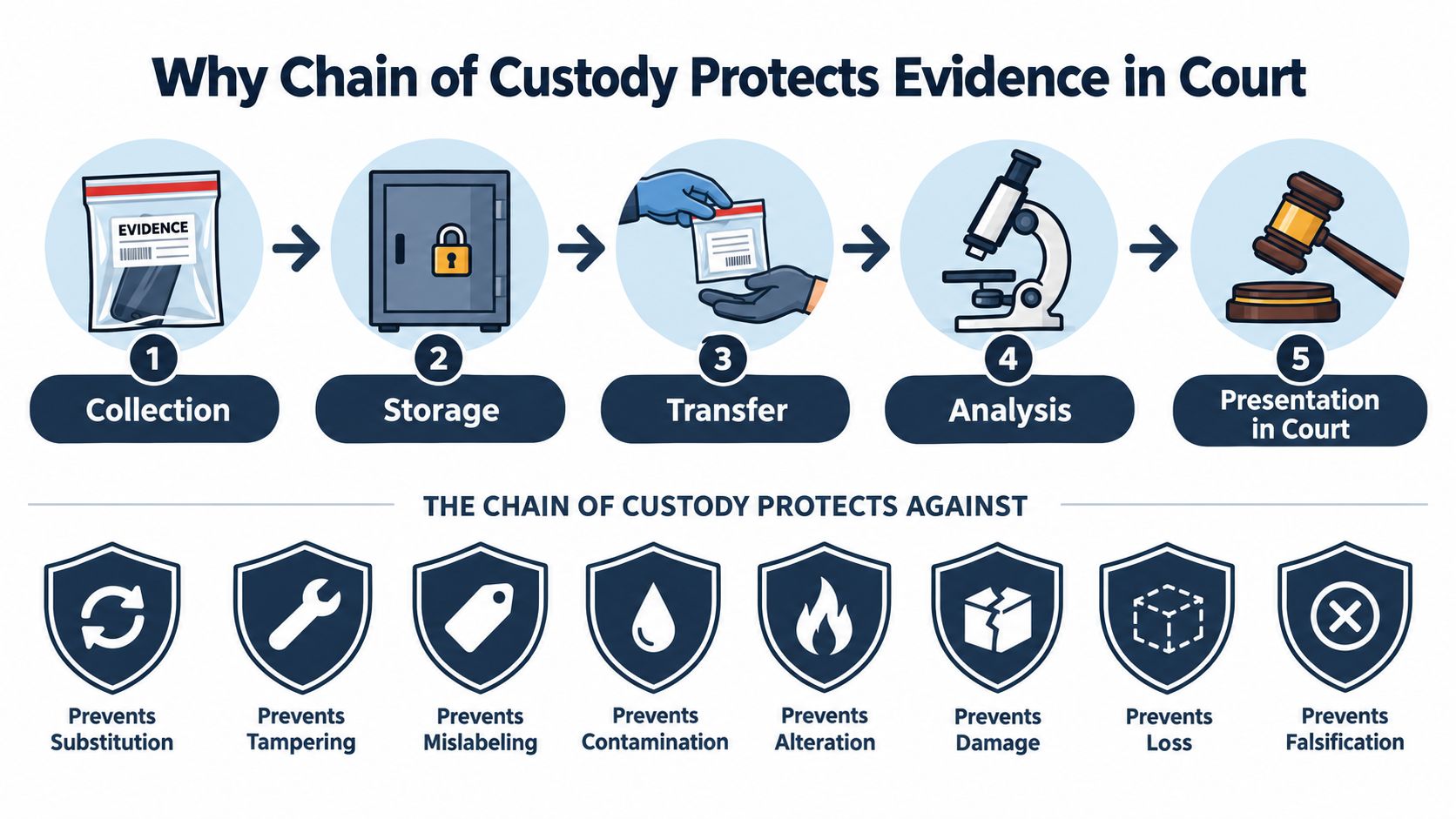 A diagram illustrating the five stages of chain of custody and how it protects legal evidence.
