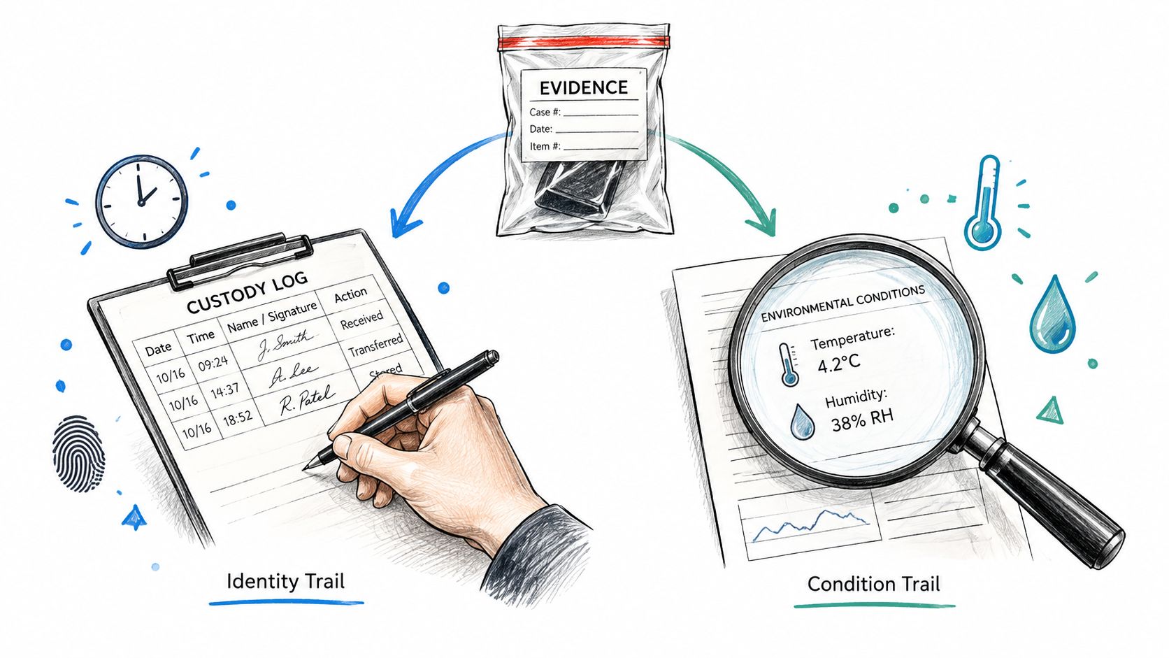 A conceptual diagram showing a chain of custody process including an evidence bag, a custody log, and environmental conditions tracking.