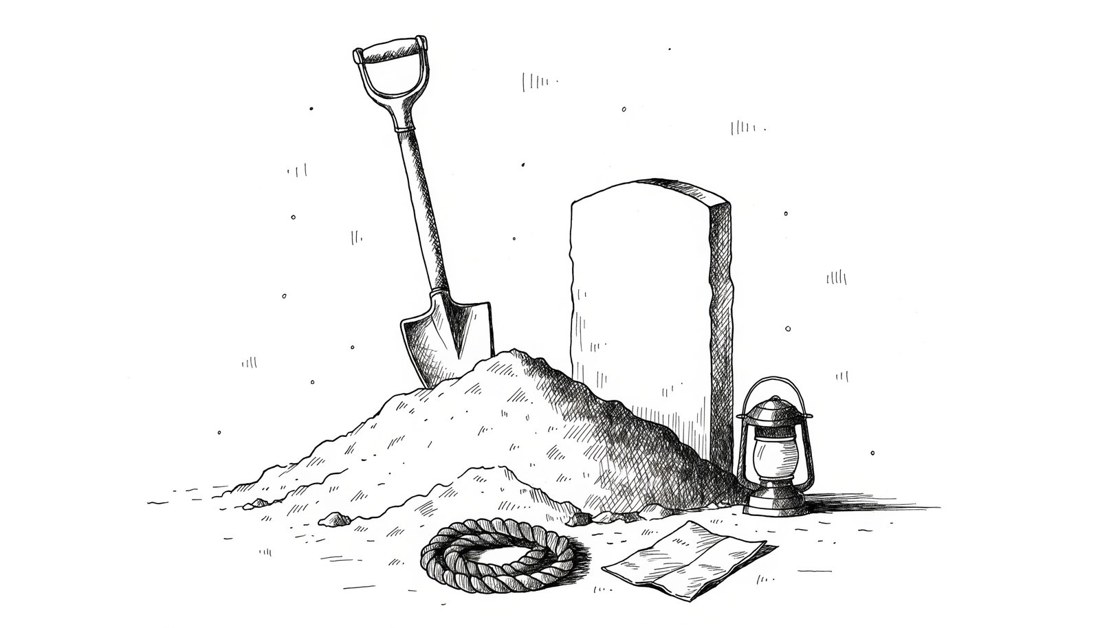 A spade planted in turned earth beside a plain headstone with a folded permit and lantern, representing exhumation
