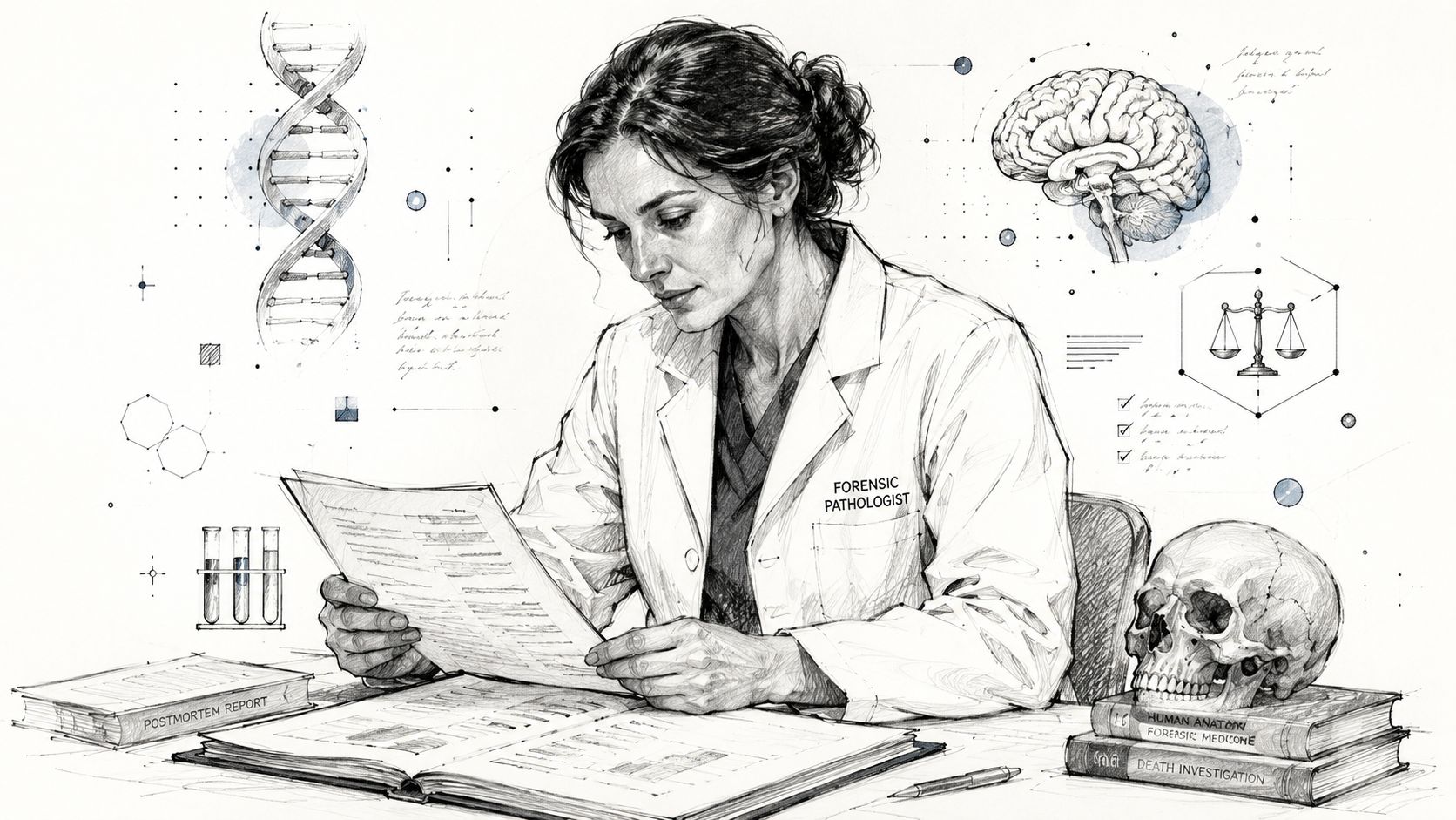 A professional forensic pathologist reviews medical reports at a desk with anatomy books and a skull.