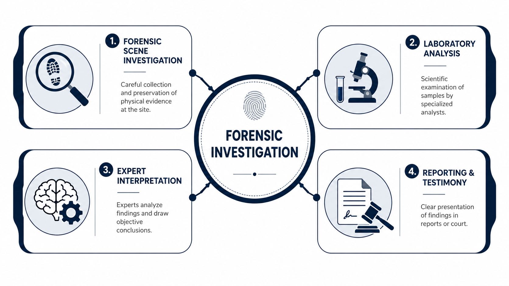 A diagram outlining the four key stages of a forensic investigation process from scene to courtroom.