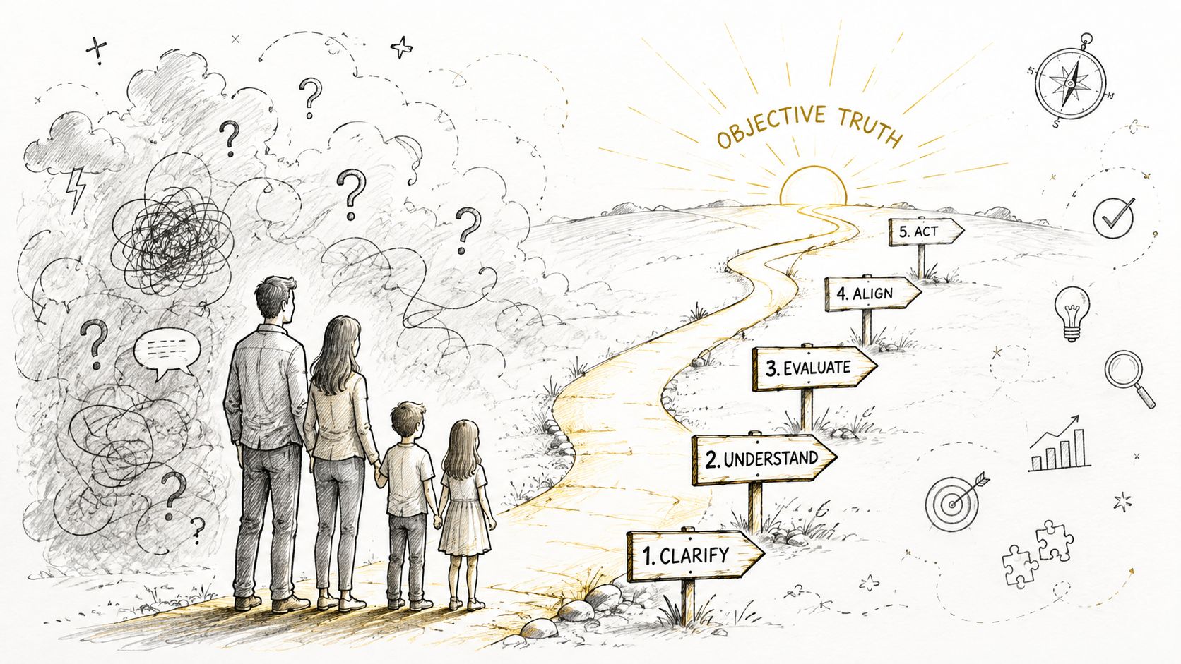 A family looks toward a sunlit path labeled with steps leading to Objective Truth, representing clarity.