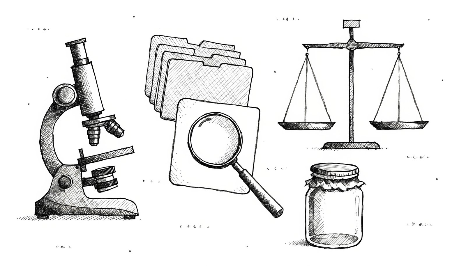 A microscope, a magnifier over a fingerprint card, a balance scale and case folders, representing forensic pathology