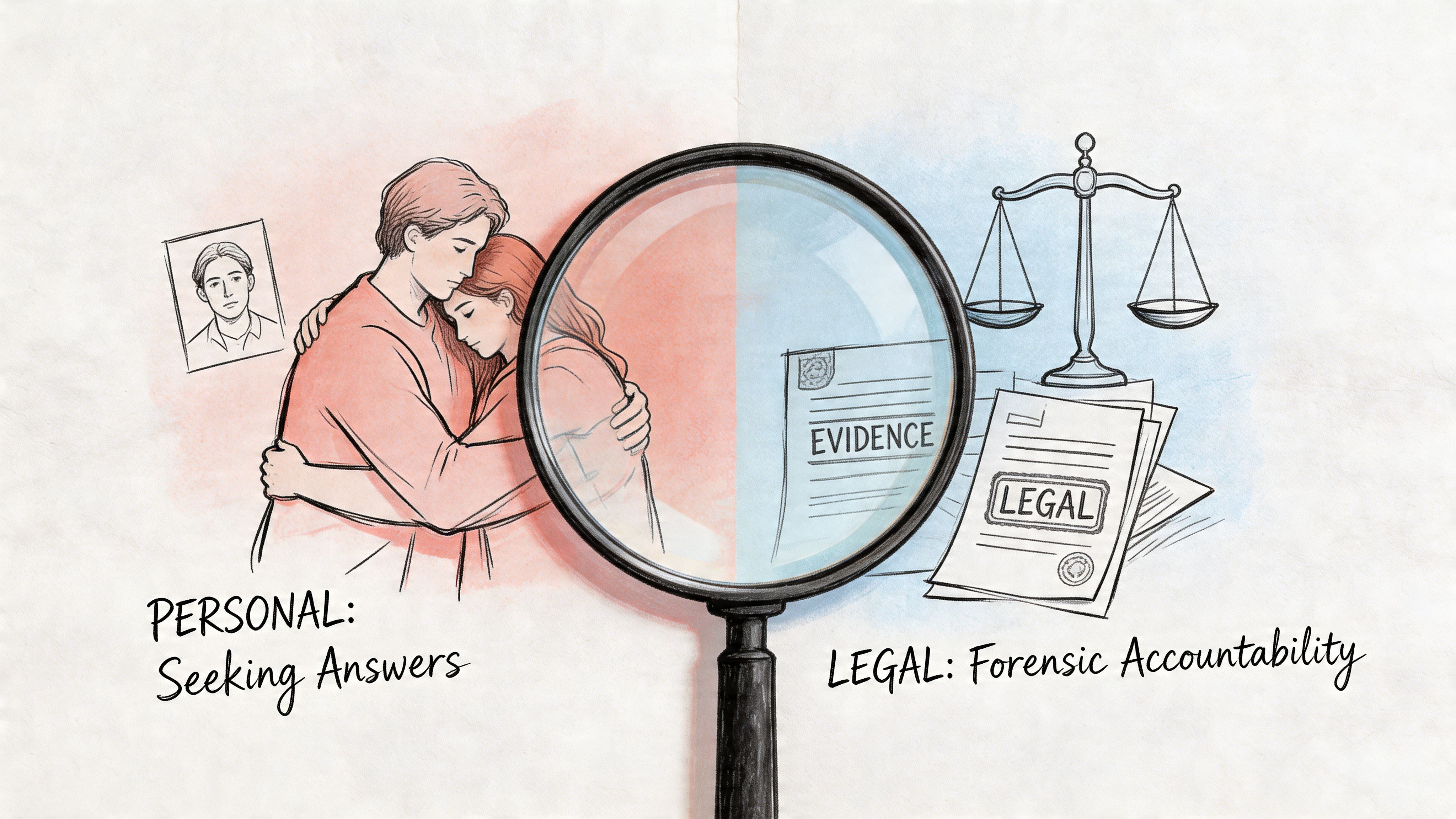 A visual split showing a grieving couple on the left and forensic legal documents on the right.